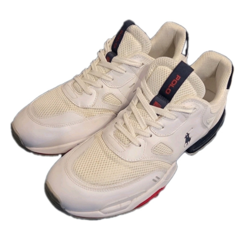 POLO RALPH LAUREN JOGGER LEATHER /MESH SNEAKERS  WHITE/NAVY/RED MENS US SIZE 11 - Picture 2 of 16
